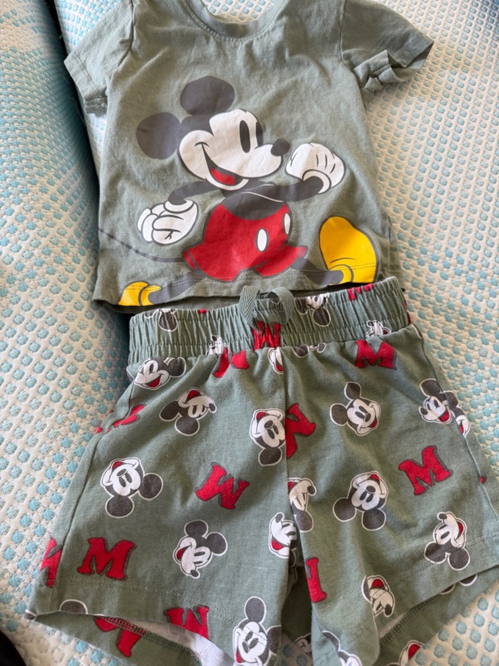 Mickey Mouse Graphic Tee & Shorts Set - Olive Green with Red & Yellow